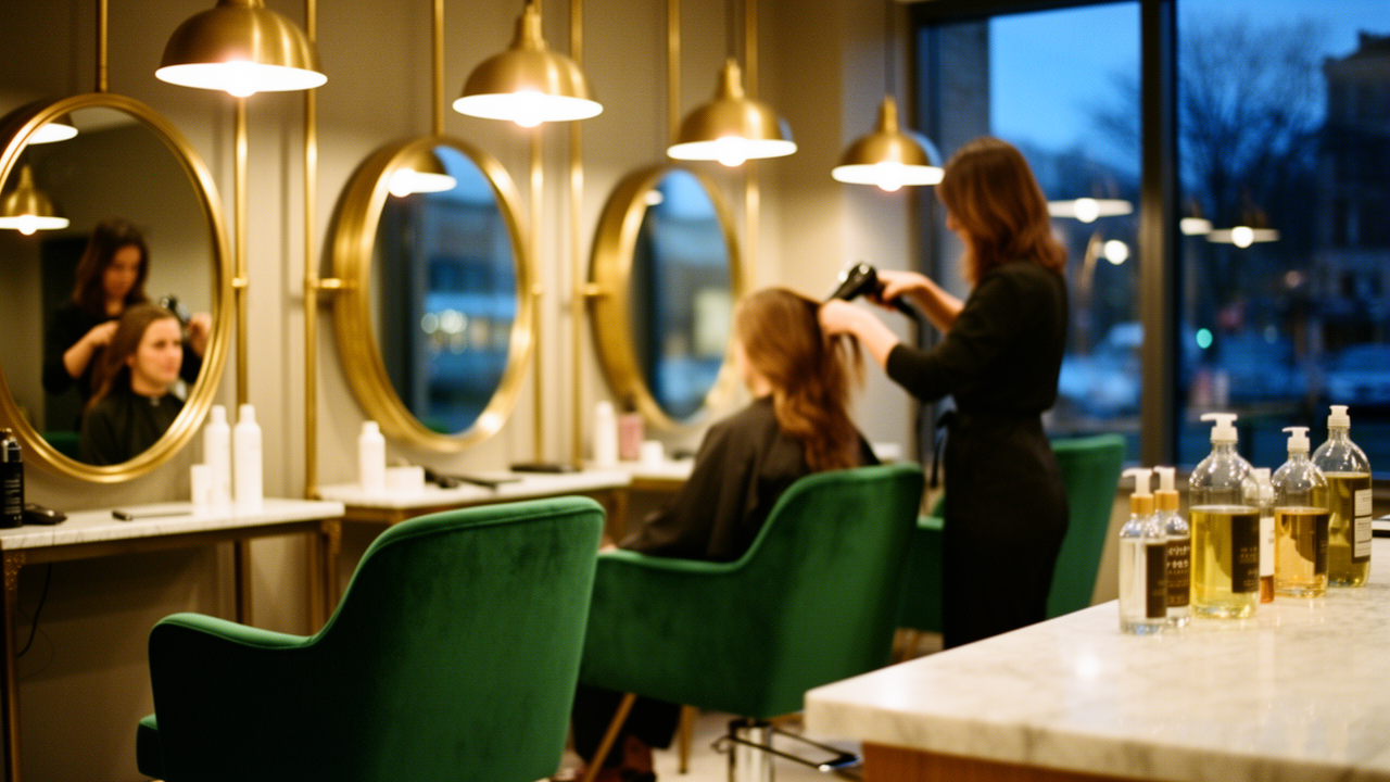 Warmly lit salon interior with pine-green chairs, brass-framed mirrors and a stylist finishing a client's blowout